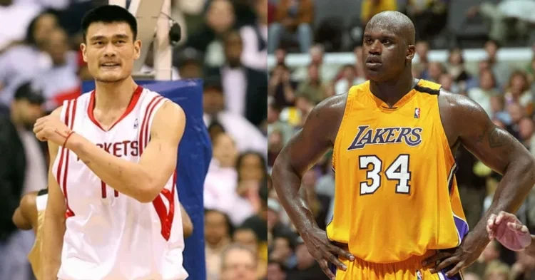 Yao Ming and Shaquille O'Neal on the court