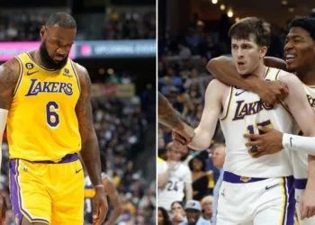 Los Angeles Lakers LeBron James and Austin Reaves and Rui Hachimura