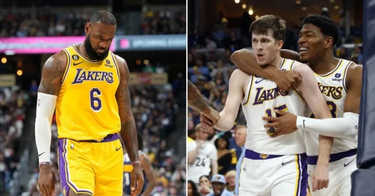 Los Angeles Lakers LeBron James and Austin Reaves and Rui Hachimura