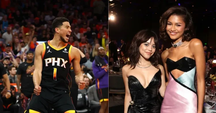 Jenna Ortega with Zendaya and Devin Booker on the court