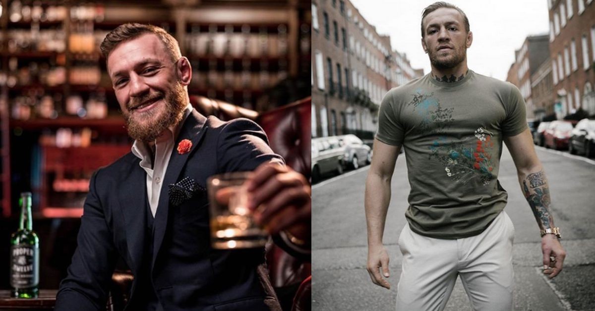 Conor McGregor promoting his wishkey brand (left) and Conor McGregor promoting his clothing line (right) 