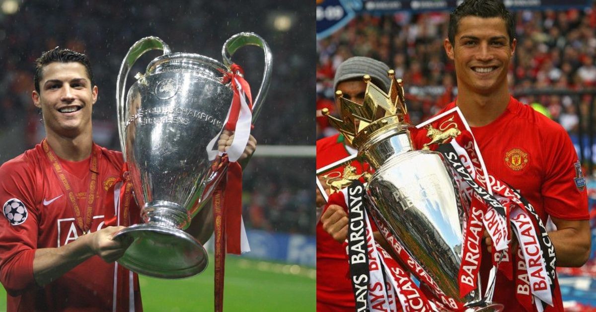 Cristiano Ronaldo with UCL Trophy at Manchester United (left) Ronaldo with Premier League Trophy (credits- Goal.com, Twitter)