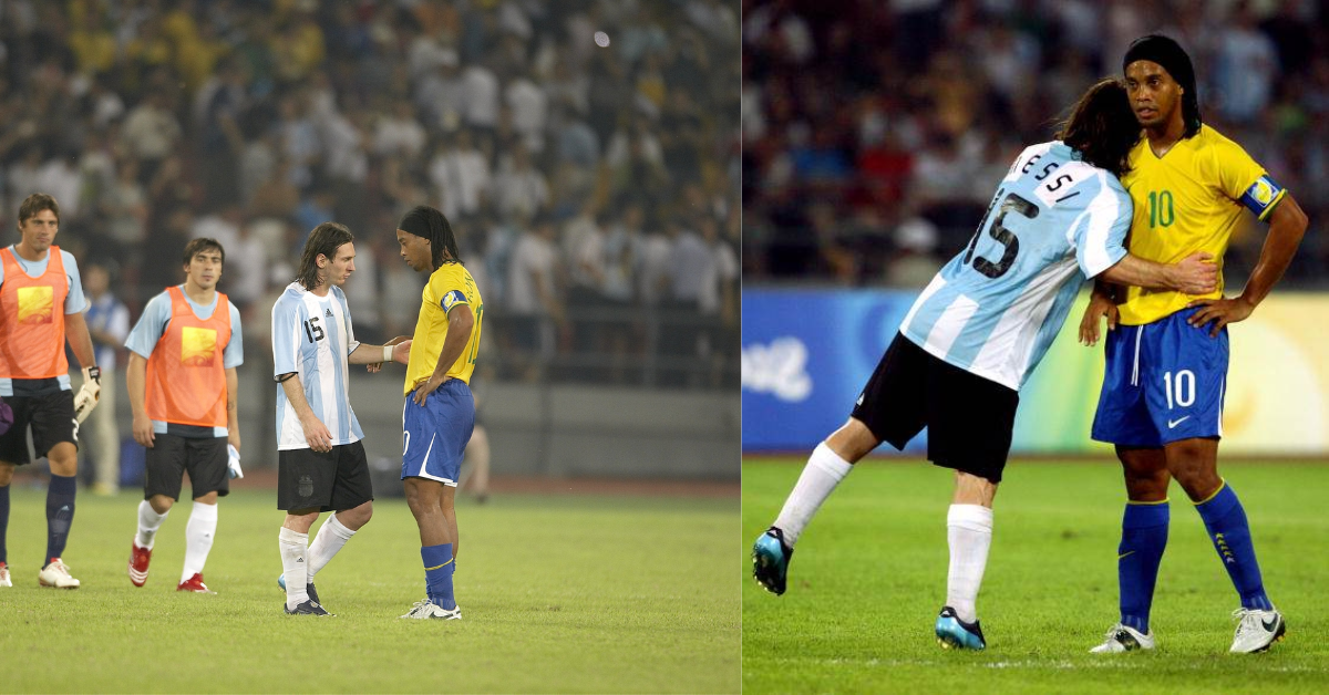 Lionel Messi and Ronaldinho share a close moment during the Olympic Games semifinal between Argentina and Brazil