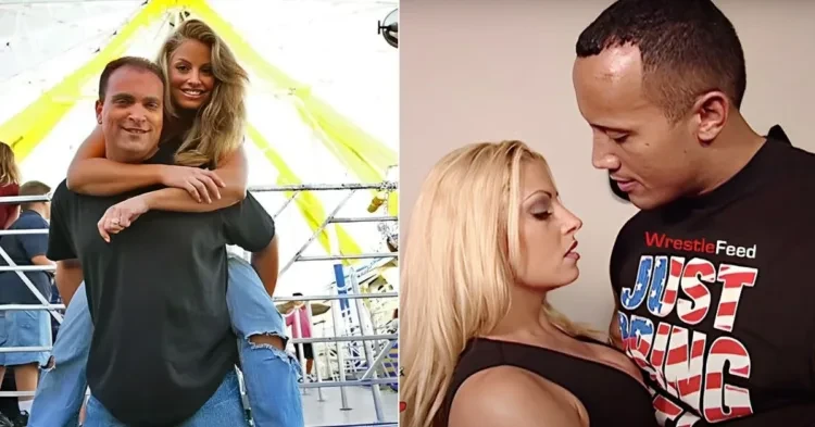 Trish Stratus with her husband (left); with The Rock (left)