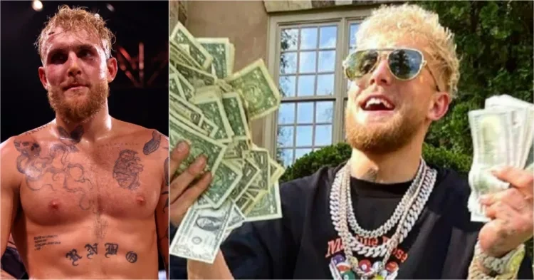 Jake Paul in boxing ring (left) and Jake Paul with money (right)