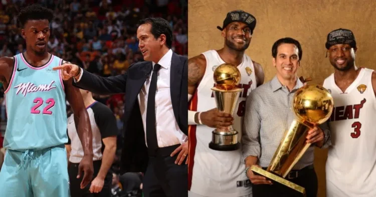 Erik Spoelstra with Jimmy Butler (Left) and Erik Spoelstra with Lebron James and Dwayne Wade (Right)