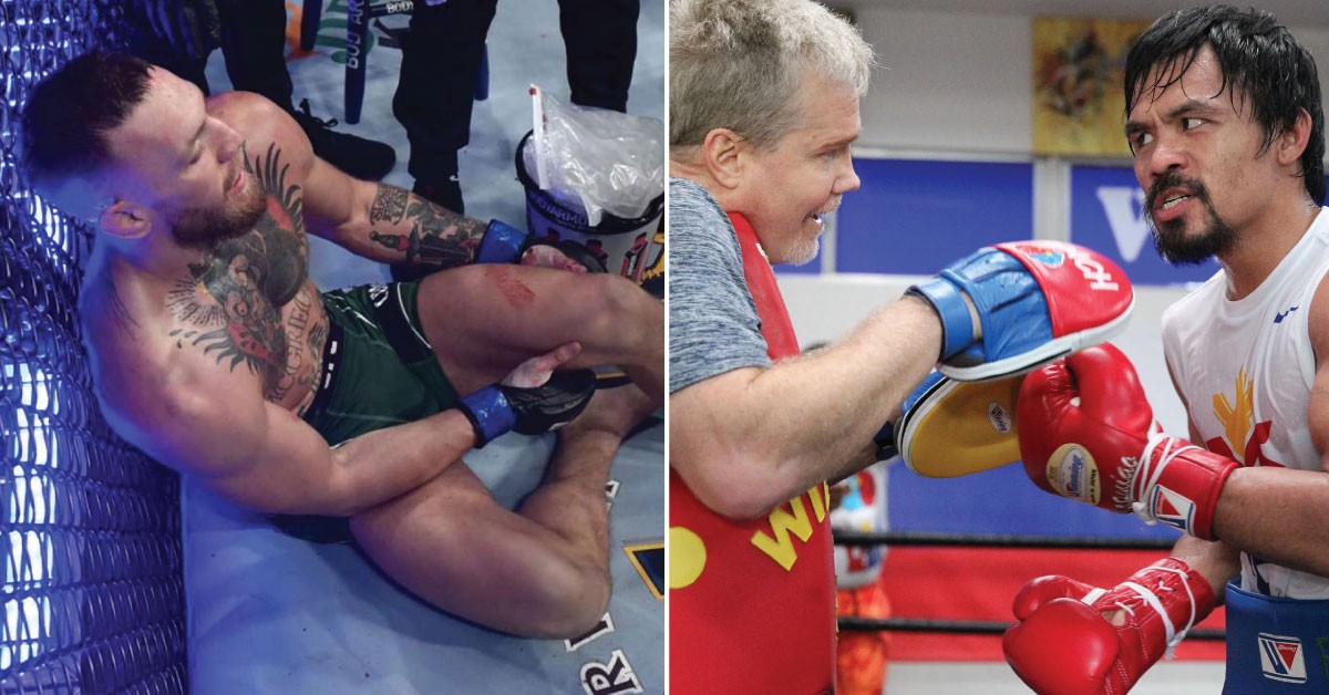 Conor McGregor (left), Freddie Roach and Manny Pacquiao (right)
