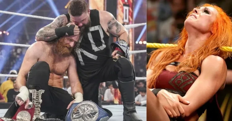 Sami Zayn and Kevin Owens after defeating The Bloodline (Left) Becky Lynch (right)
