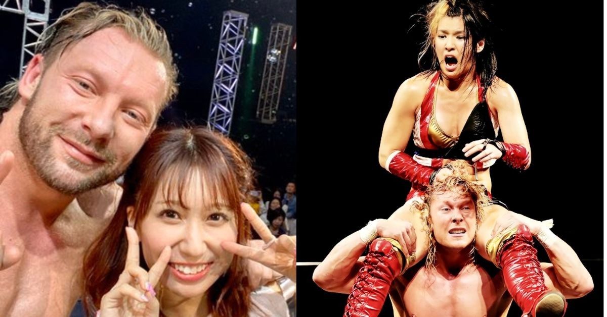 Kenny Omega with Riho (left) and with Hikaru Shida (right)