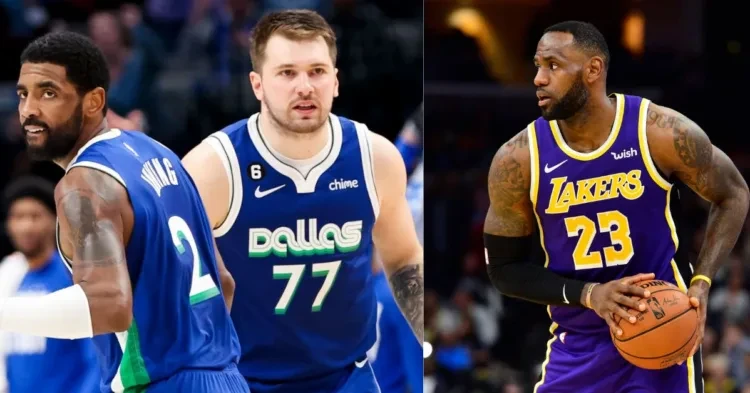 Dallas Mavericks' Kyrie Irving, Luka Doncic and Los Angeles Lakers' LeBron James on the court