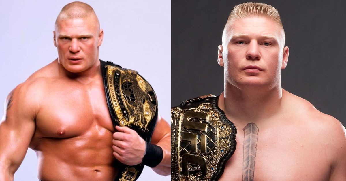 Brock Lesnar as WWE Champion and UFC Champion. (Credits: Bleacher Report and UFC)