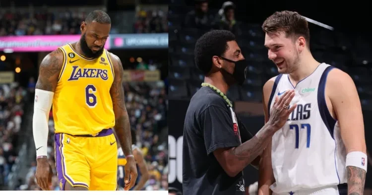 Los Angeles Lakers LeBron James and Dallas Mavericks stars Luka Doncic and Kyrie Irving on the court