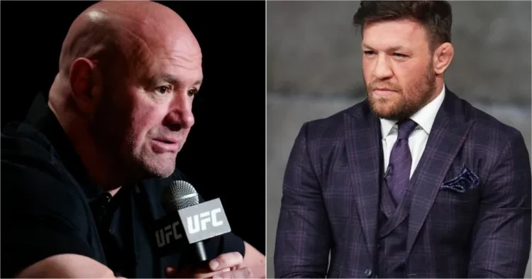 Dana White with a mic (left) and Conor McGregor in a suit (right)