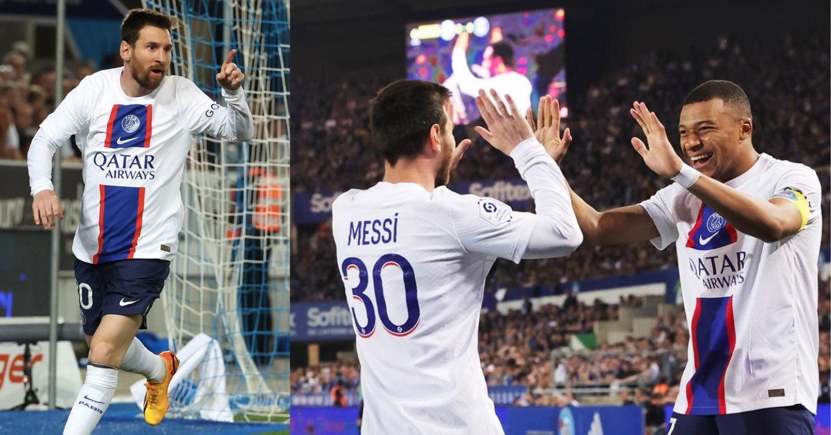 Lionel Messi celebrates his record-breaking goal against Strasbourg with Kylian Mbappe
