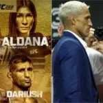 UFC 289 fight poster (left) and Charles Oliveira and Beneil Dariush face off (right)