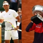 Roger Federer and Rafael Nadal (L) and Novak Djokovic at 2023 French Open (R)