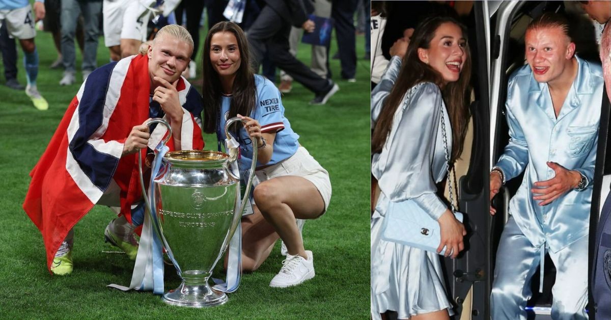 Erling Haaland and Isabel Haugseng Johansen with the Champions League trophy (left) Isabel and Haaland wearing matching pajamas (right)
