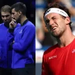 Roger Federer, Rafael Nadal, and Novak Djokovic (L) and Casper Ruud (R)