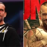 CM Punk with AEW mic (left) and CM Punk in AEW Collision poster (right)