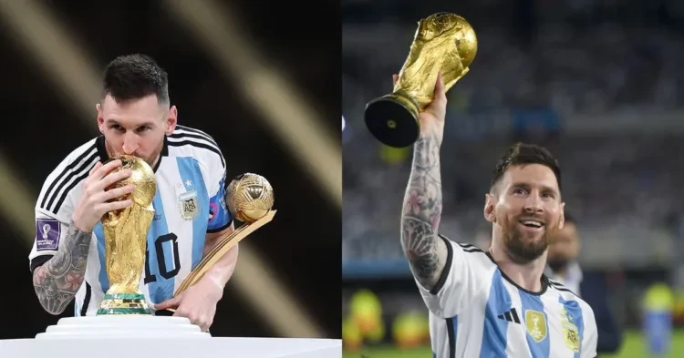 Lionel Messi with the World Cup trophy (credits- Twitter, AP News)