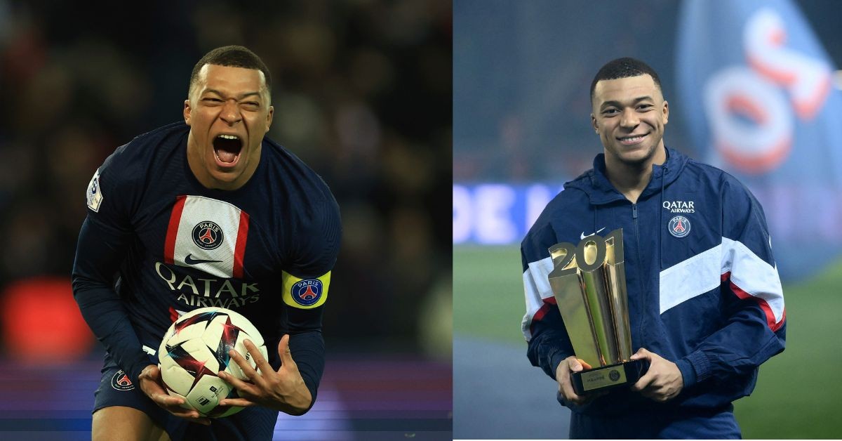 Kylian Mbappe celebrates after breaking PSG's scoring record with his 201st goal