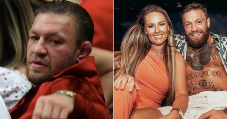 Conor McGregor during NBA finals (left) and with his fiance Dee Devlin (right)