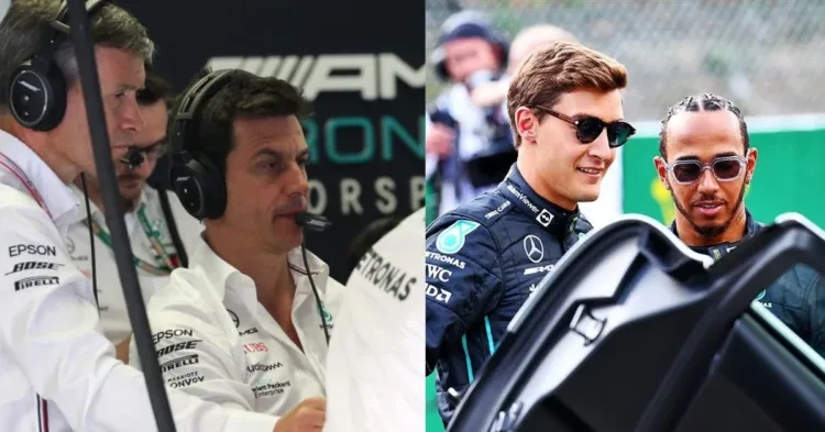 Toto Wolff, Mercedes team principal (left), George Russell and Lewis Hamilton (right) (Credits- PlanetF1, formula1news.co.uk)