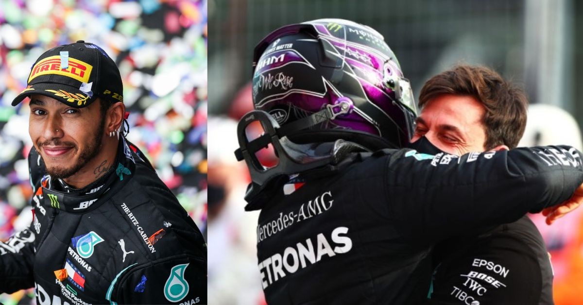 Lewis Hamilton and Toto Wolff celebrating a win.
