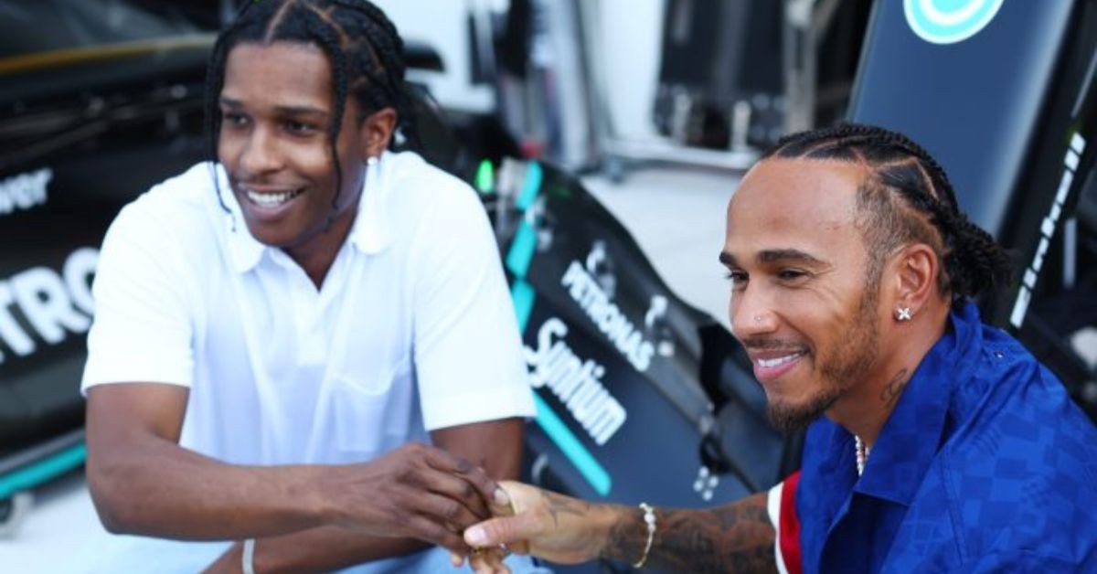 Lewis Hamilton with ASAP Rocky at the Mercedes pit.