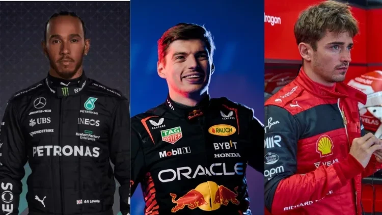 Formula 1 drivers Lewis Hamilton, Max Verstappen and Charles Leclerc