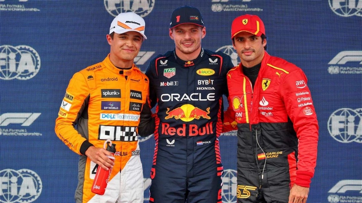 Formula 1 drivers Lando Norris, Max Verstappen and Carlos Sainz after qualifying (Credits: F1)