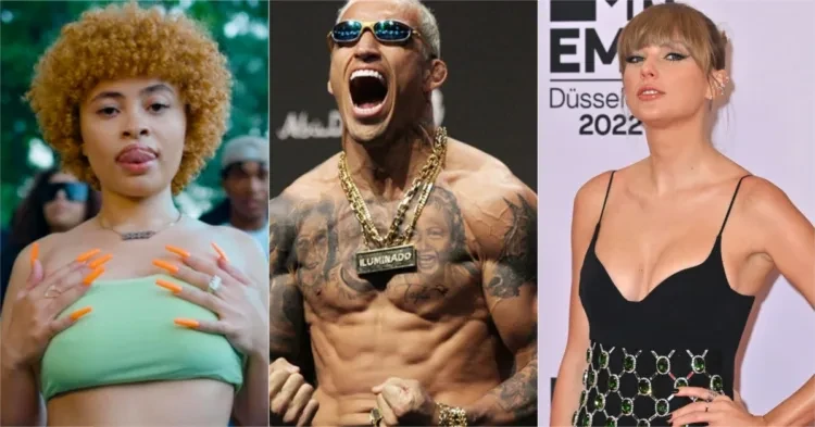 Ice Spice (left), Charles Oliveira (middle), and Taylor Swift (right)