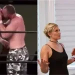 Jon Moxley kissing male wrestler (left) and Jon Moxley with wife Renee Paquette (right)
