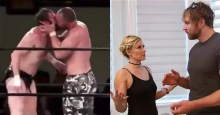 Jon Moxley kissing male wrestler (left) and Jon Moxley with wife Renee Paquette (right)