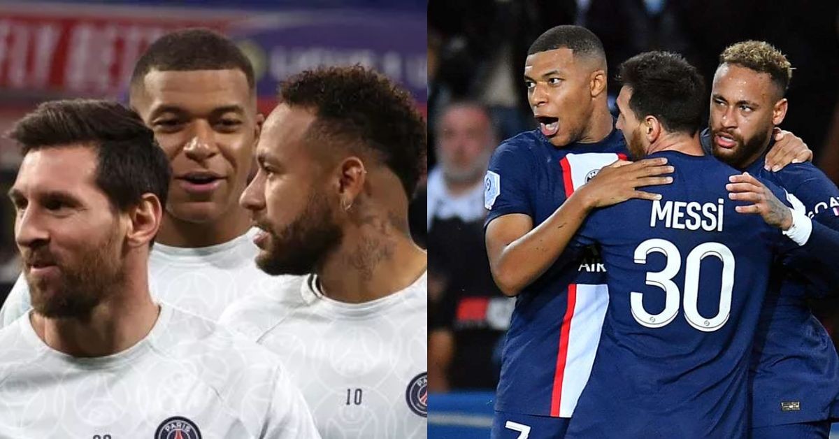 Lionel Messi with Neymar and Mbappe at PSG (credits- Goal.com, PSG)