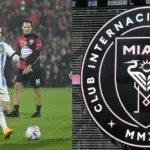 Messi at Maxi Rodriguez's farewell game (L), Inter Miami's logo (R).