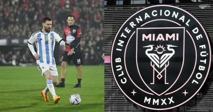 Messi at Maxi Rodriguez's farewell game (L), Inter Miami's logo (R).