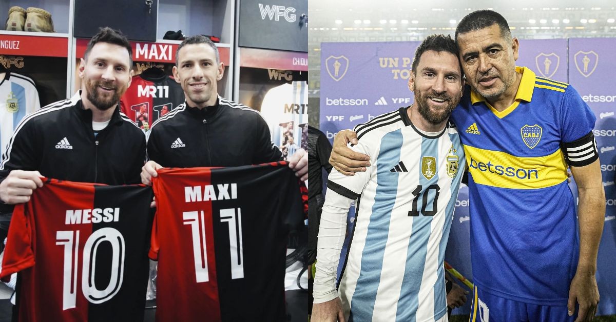 Messi with Maxi Rodriguez (L), and Messi with Juan Roman Riquelme (R). 