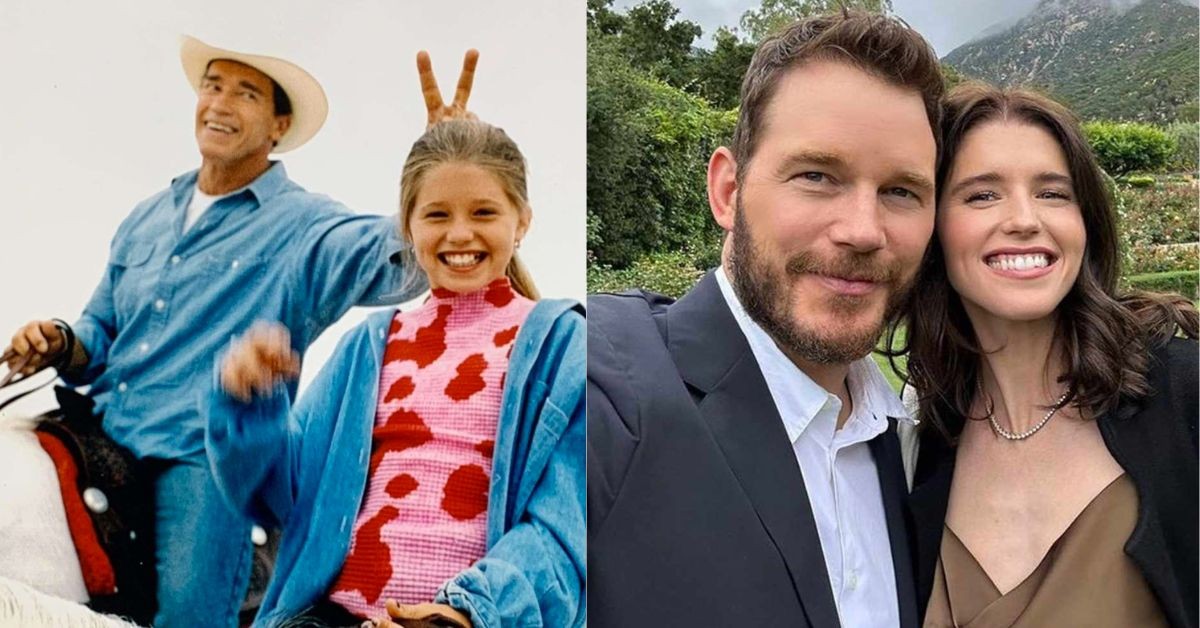 Arnold Schwarzenegger with a young Katherine Schwarzenegger (L), Chris Pratt with Katherine Schwarzenegger (R). 