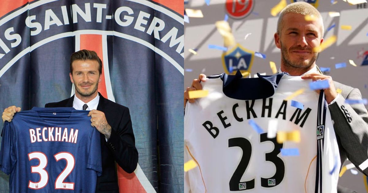 David Beckham signing for PSG (left) Beckham signing for LA Galaxy (right) (credits- Twitter)