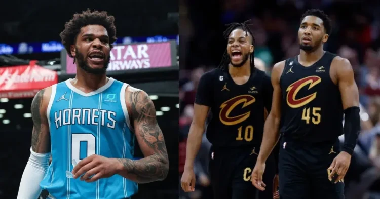 Charlotte Hornets' Miles Bridges and Cleveland Cavaliers' Donovan Mitchell and Darius Garland