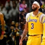 Los Angeles Lakers' LeBron James, Anthony Davis and Nuggets' Bruce Brown