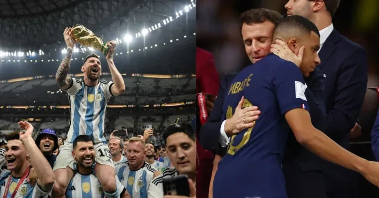 Argentina with the FIFA World Cup trophy (left) Kylian Mbappe (right) 9credits- Twitter, CNN)