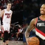 Miami Heat's Tyler Herro, Duncan Robinson and Portland Trail Blazers' Damian Lillard