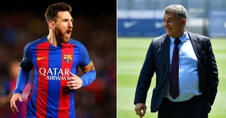 Lionel Messi in FC Barcelona jersey (left) - Joan Laporta (right)