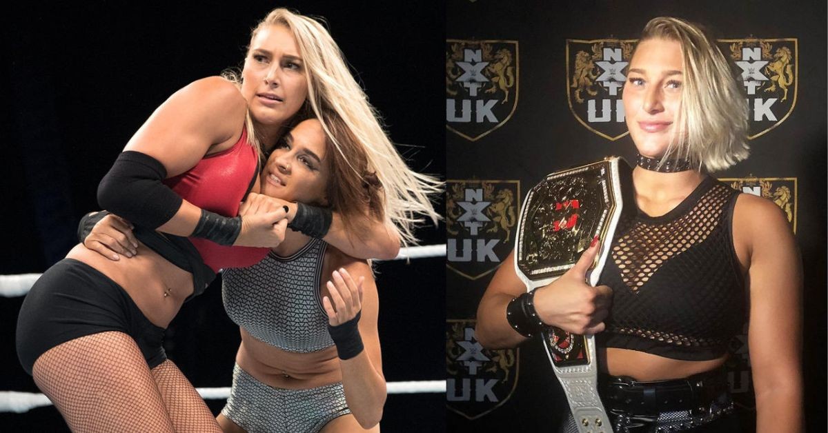 Rhea Ripley in Mae Young Classic (left) and NXT UK (right)