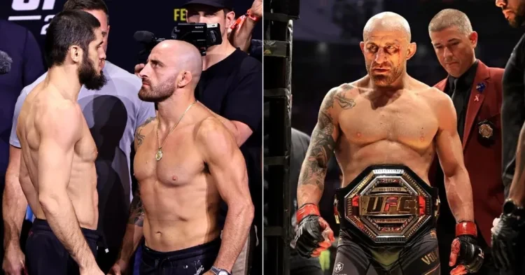 Makhachev vs Volkanovski PPV (left) - Alexander Volkanovski with UFC featherweight title (right)