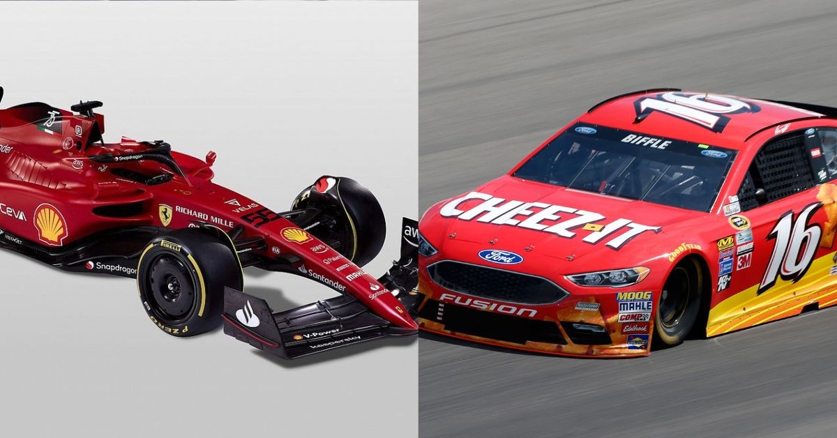 F1 Ferrari car and NASCAR car (Credits Autosport and Autoweek)