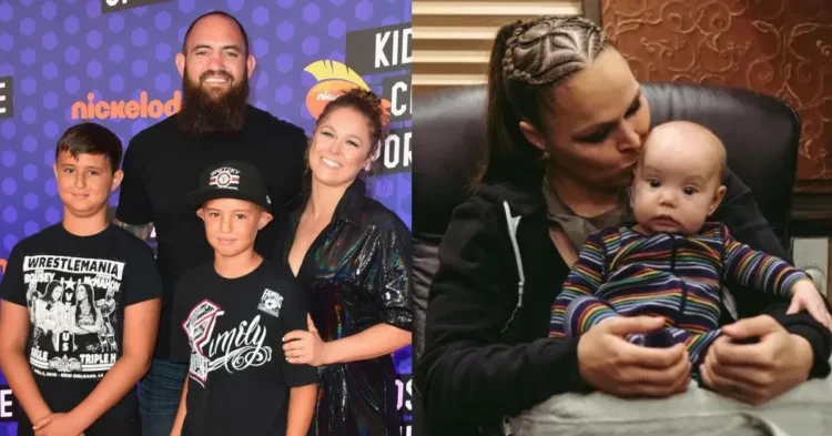 Ronda Rousey and Travis Browne with their sons (left) and Ronda Rousey with their daughter (right)
