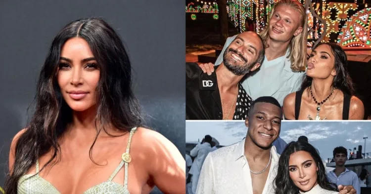Kim Kardashian (left) Kim Kardashian with Kylian Mbappe and Erling Haaland (right) (credits- People's, Twitter)